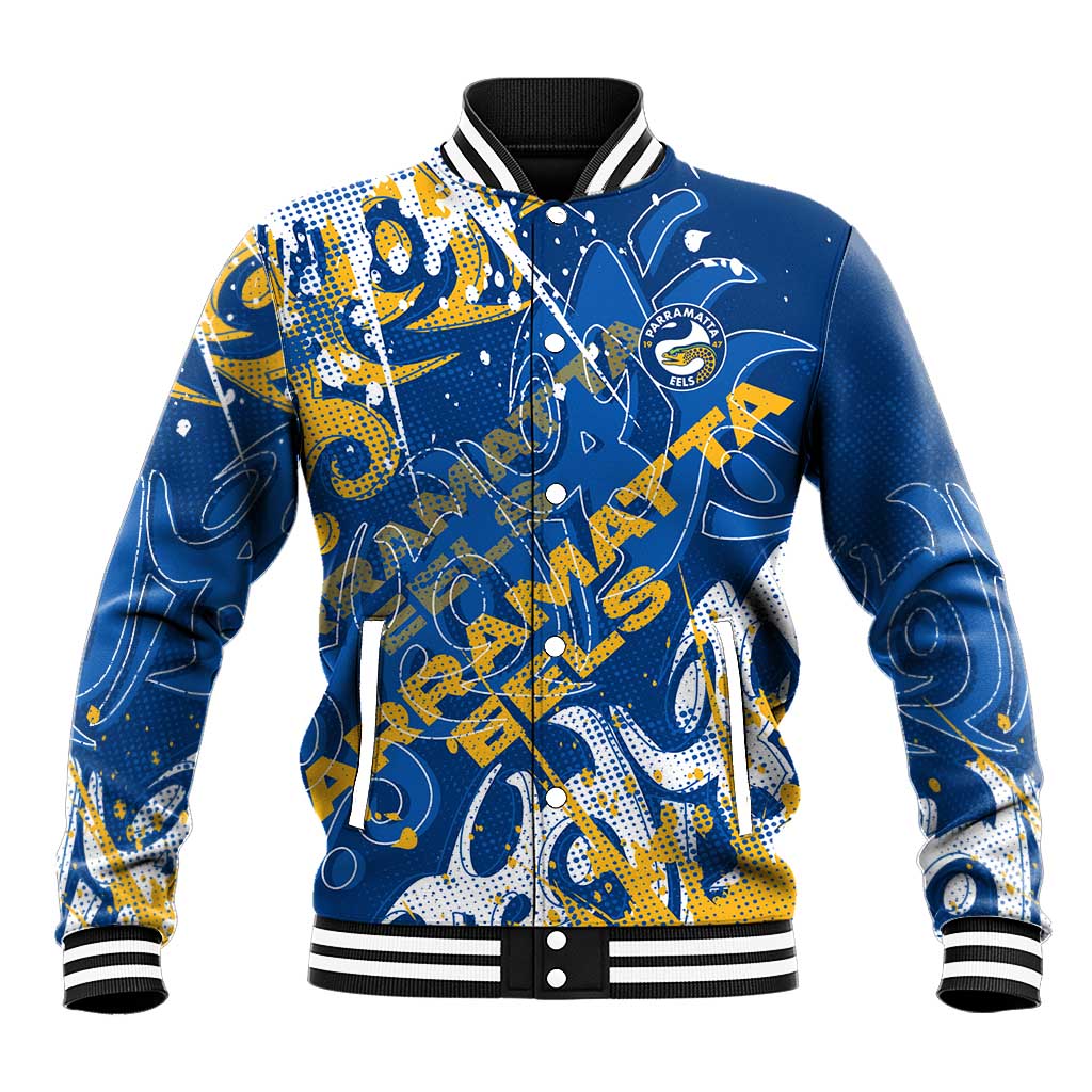 Personalized Parramatta Eels Rugby Baseball Jacket Urban Street Graffiti Style - Distressed Splatter Elements