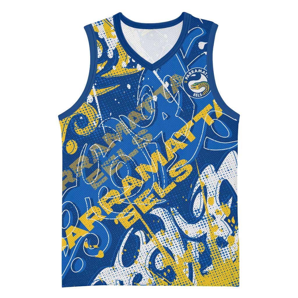Personalized Parramatta Eels Rugby Basketball Jersey Urban Street Graffiti Style - Distressed Splatter Elements