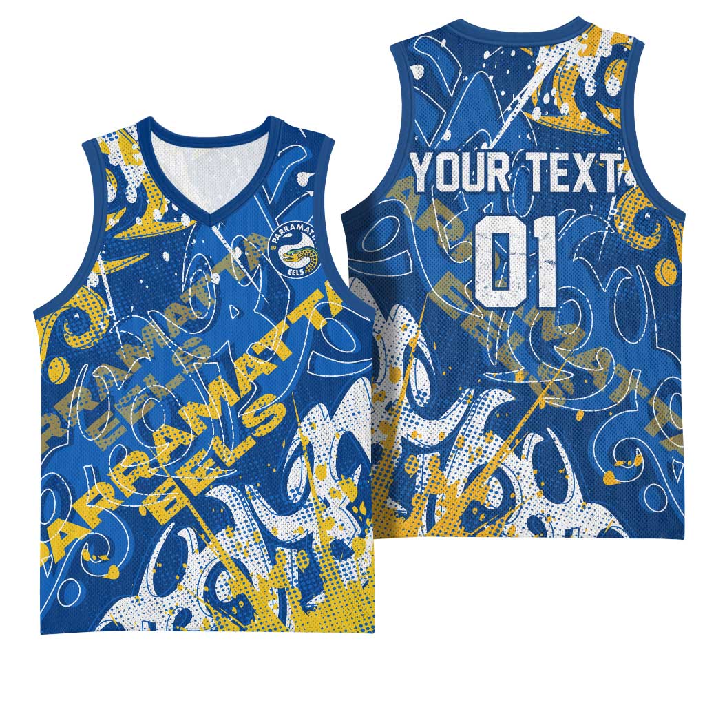 Personalized Parramatta Eels Rugby Basketball Jersey Urban Street Graffiti Style - Distressed Splatter Elements