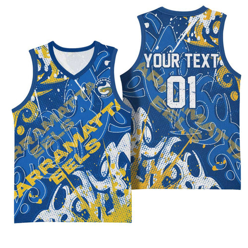 Personalized Parramatta Eels Rugby Basketball Jersey Urban Street Graffiti Style - Distressed Splatter Elements
