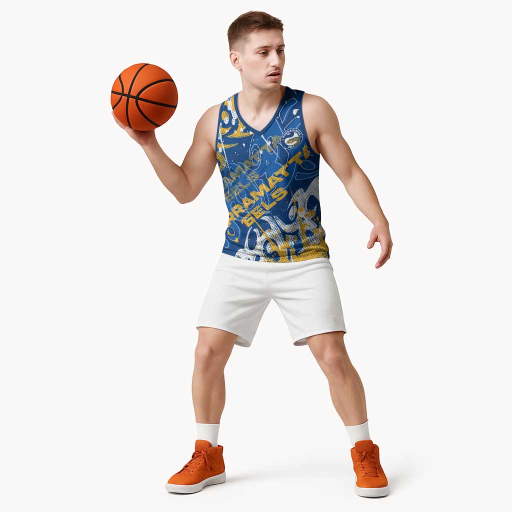 Personalized Parramatta Eels Rugby Basketball Jersey Urban Street Graffiti Style - Distressed Splatter Elements