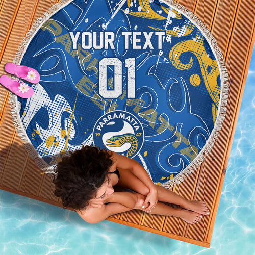 Personalized Parramatta Eels Rugby Beach Blanket Urban Street Graffiti Style - Distressed Splatter Elements