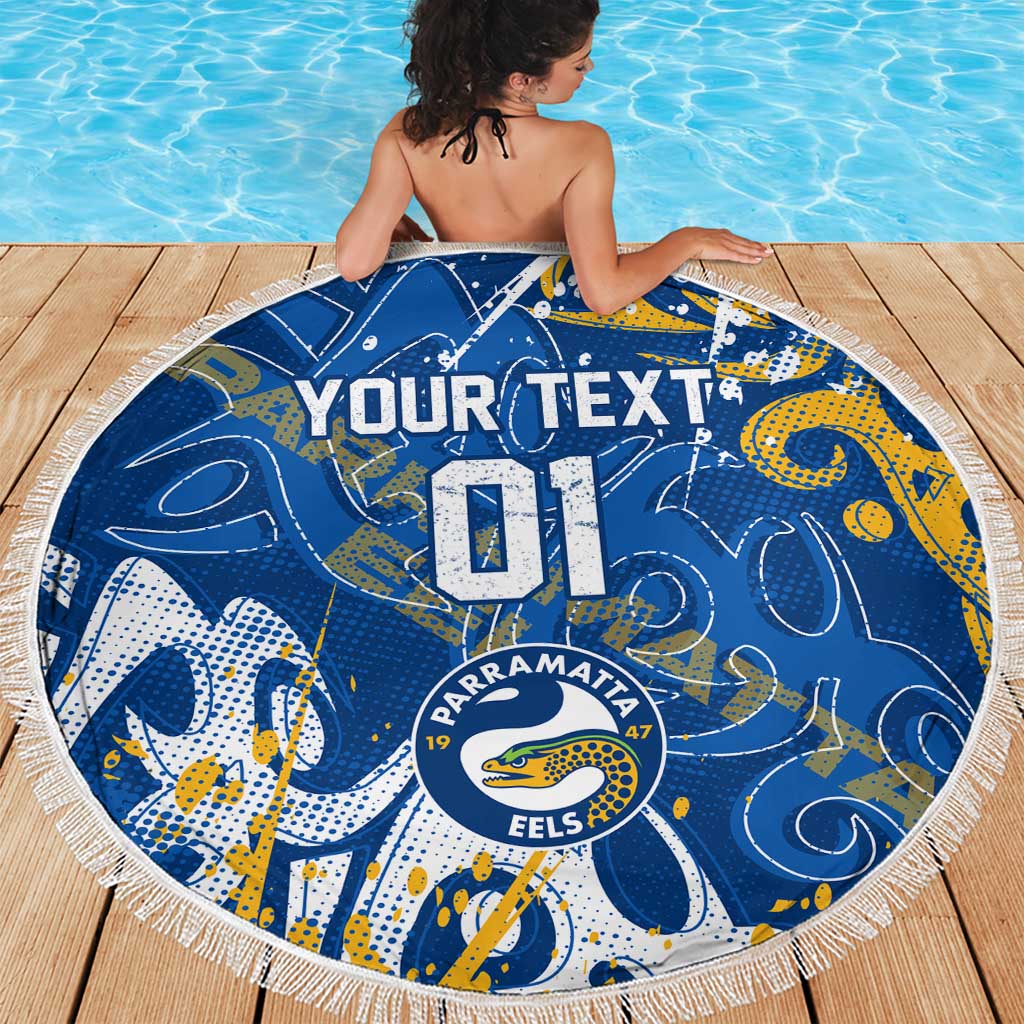 Personalized Parramatta Eels Rugby Beach Blanket Urban Street Graffiti Style - Distressed Splatter Elements
