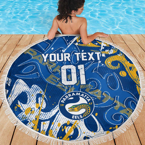 Personalized Parramatta Eels Rugby Beach Blanket Urban Street Graffiti Style - Distressed Splatter Elements