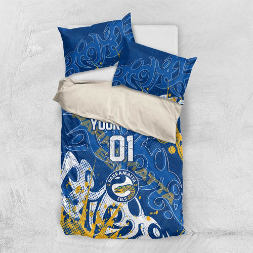 Personalized Parramatta Eels Rugby Bedding Set Urban Street Graffiti Style - Distressed Splatter Elements