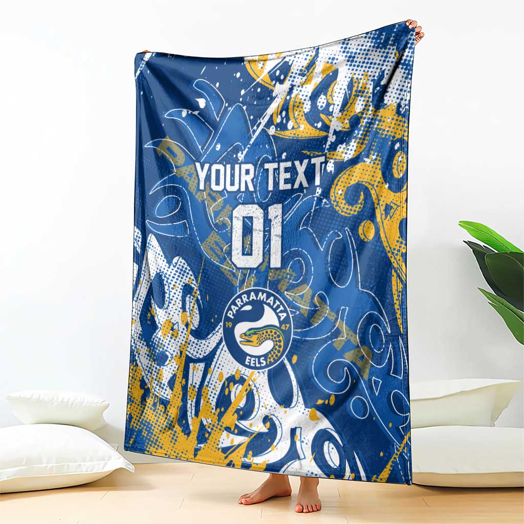 Personalized Parramatta Eels Rugby Blanket Urban Street Graffiti Style - Distressed Splatter Elements