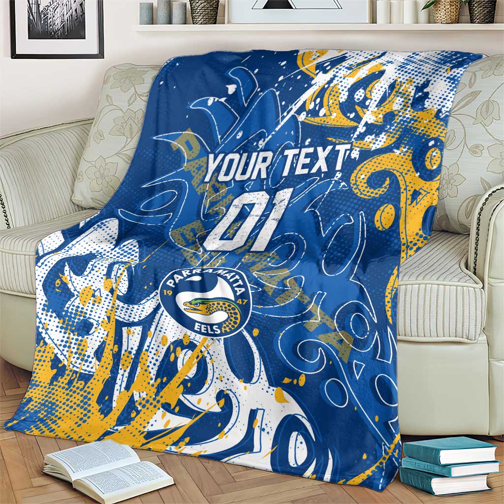 Personalized Parramatta Eels Rugby Blanket Urban Street Graffiti Style - Distressed Splatter Elements
