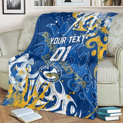 Personalized Parramatta Eels Rugby Blanket Urban Street Graffiti Style - Distressed Splatter Elements