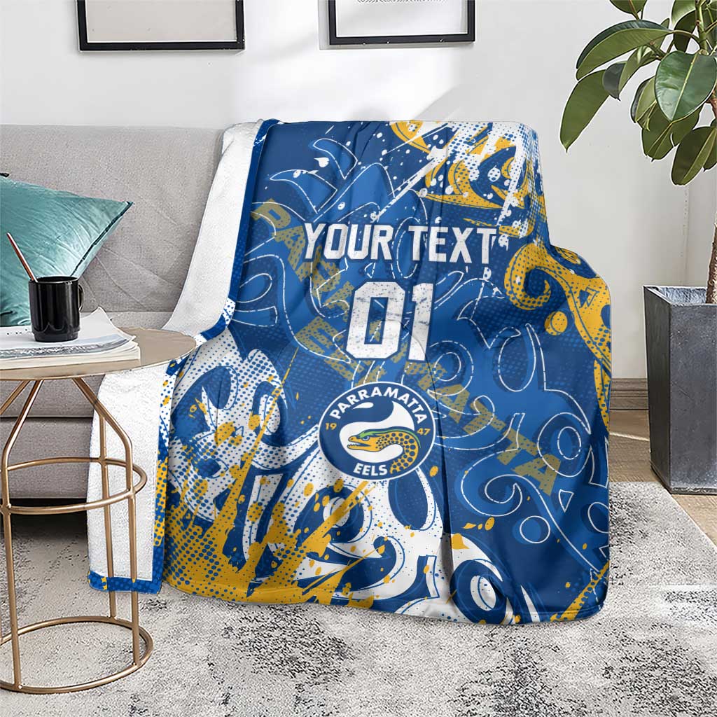 Personalized Parramatta Eels Rugby Blanket Urban Street Graffiti Style - Distressed Splatter Elements