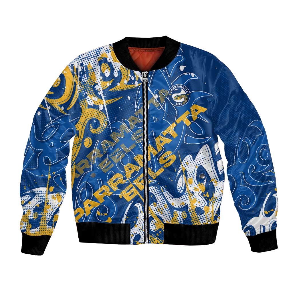 Personalized Parramatta Eels Rugby Bomber Jacket Urban Street Graffiti Style - Distressed Splatter Elements