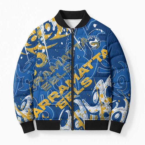 Personalized Parramatta Eels Rugby Bomber Puffer Jacket Urban Street Graffiti Style - Distressed Splatter Elements