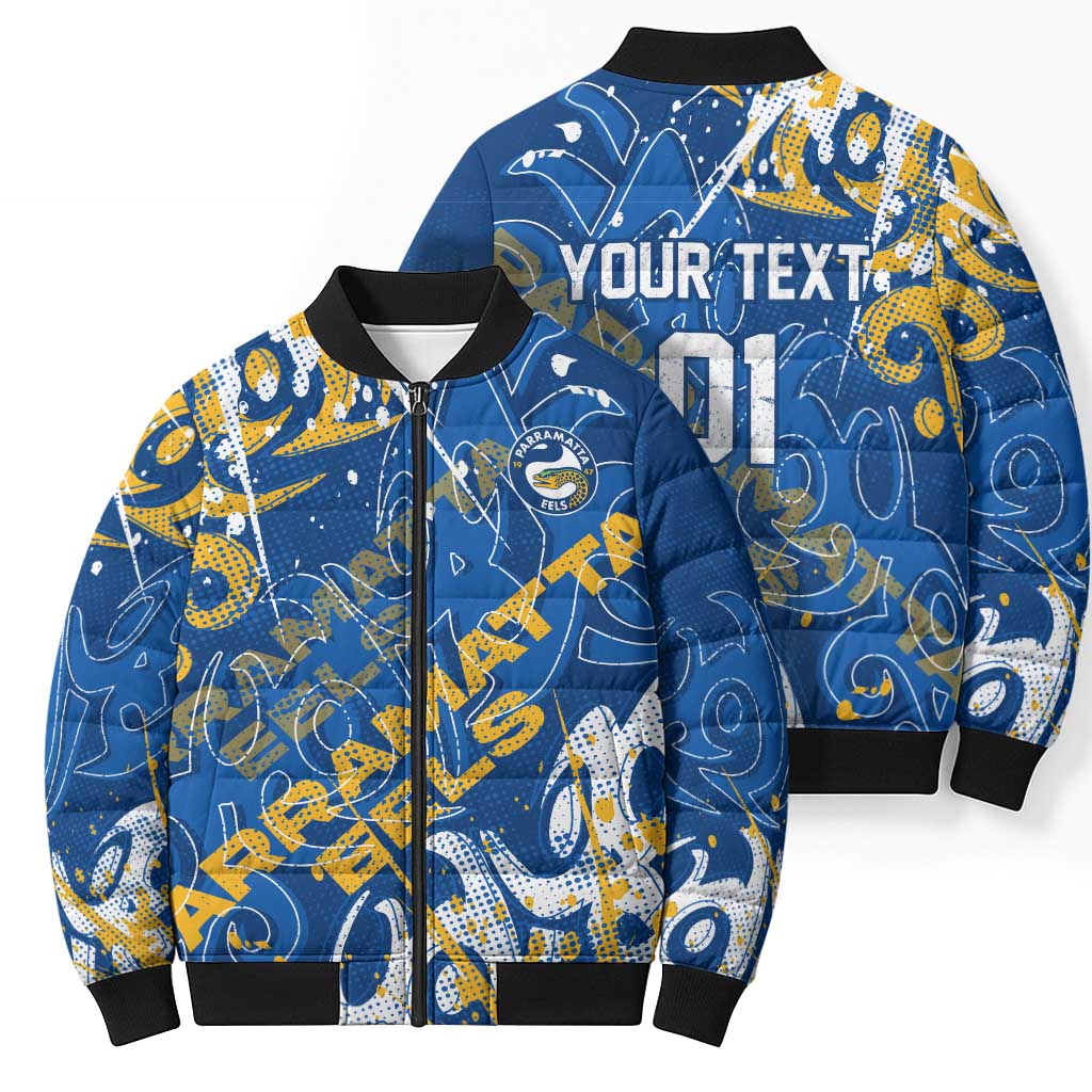 Personalized Parramatta Eels Rugby Bomber Puffer Jacket Urban Street Graffiti Style - Distressed Splatter Elements