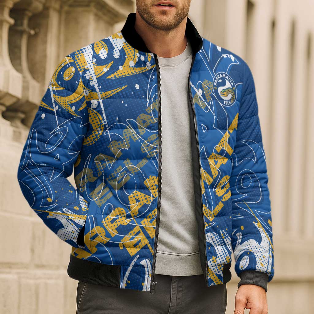 Personalized Parramatta Eels Rugby Bomber Puffer Jacket Urban Street Graffiti Style - Distressed Splatter Elements