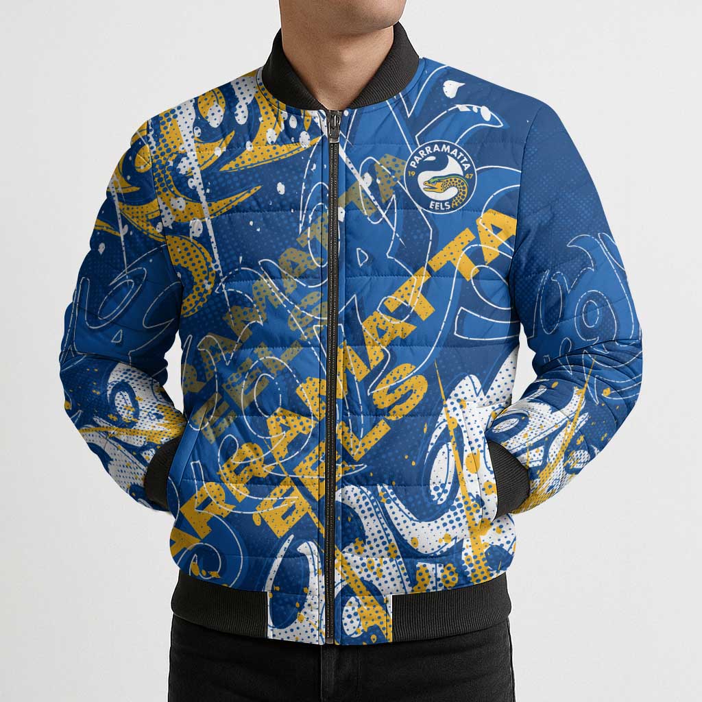 Personalized Parramatta Eels Rugby Bomber Puffer Jacket Urban Street Graffiti Style - Distressed Splatter Elements