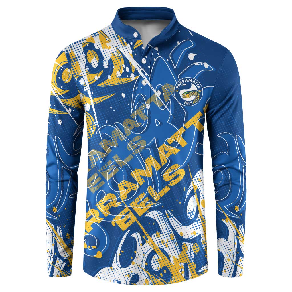 Personalized Parramatta Eels Rugby Button Sweatshirt Urban Street Graffiti Style - Distressed Splatter Elements