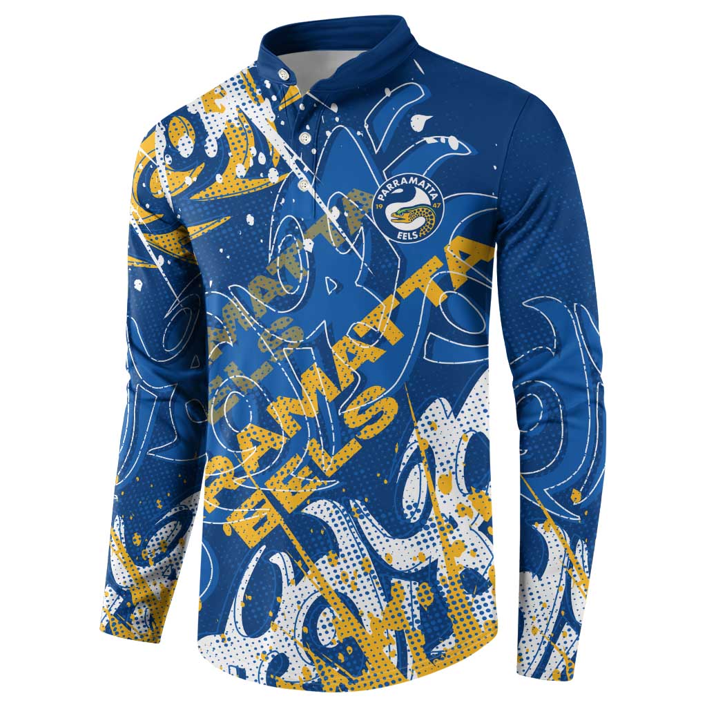 Personalized Parramatta Eels Rugby Button Sweatshirt Urban Street Graffiti Style - Distressed Splatter Elements