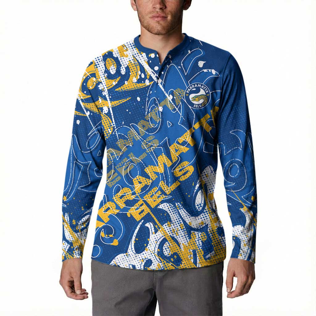 Personalized Parramatta Eels Rugby Button Sweatshirt Urban Street Graffiti Style - Distressed Splatter Elements