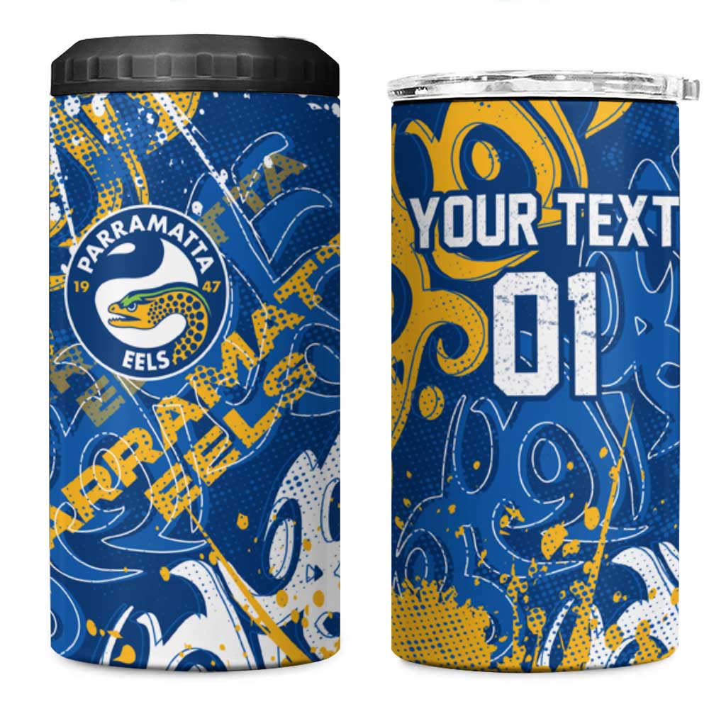 Personalized Parramatta Eels Rugby 4 in 1 Can Cooler Tumbler Urban Street Graffiti Style - Distressed Splatter Elements