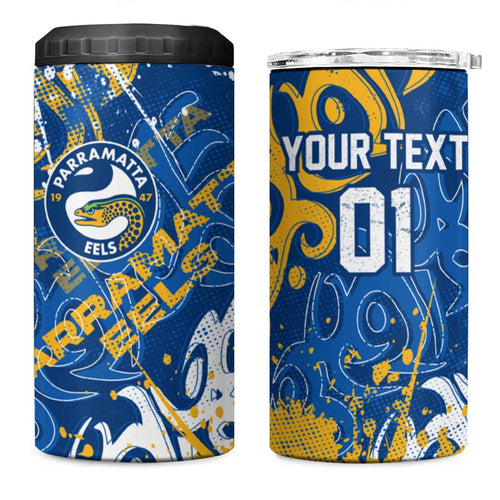 Personalized Parramatta Eels Rugby 4 in 1 Can Cooler Tumbler Urban Street Graffiti Style - Distressed Splatter Elements