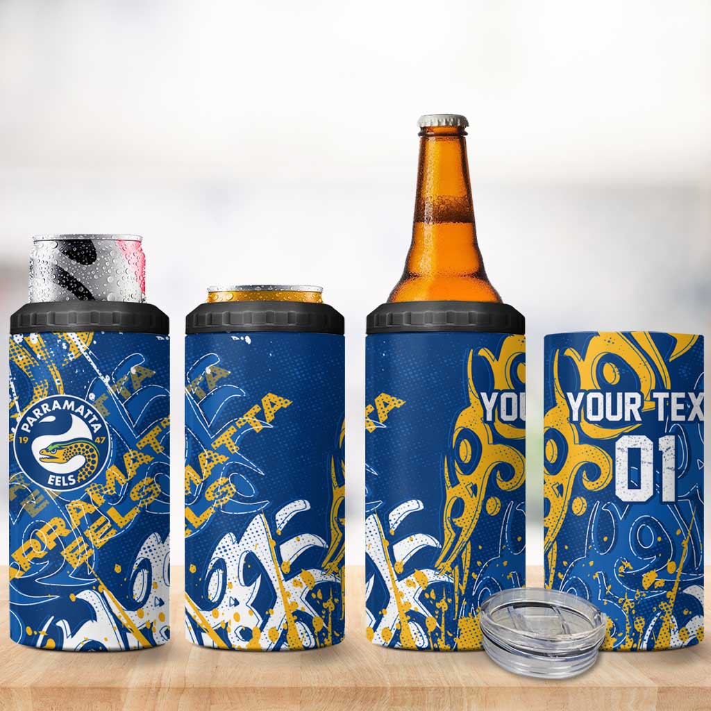 Personalized Parramatta Eels Rugby 4 in 1 Can Cooler Tumbler Urban Street Graffiti Style - Distressed Splatter Elements