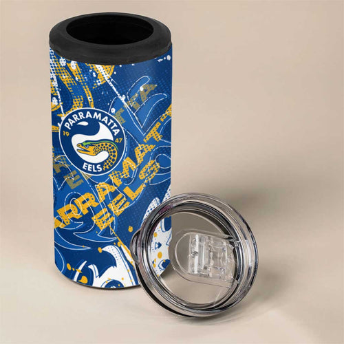 Personalized Parramatta Eels Rugby 4 in 1 Can Cooler Tumbler Urban Street Graffiti Style - Distressed Splatter Elements