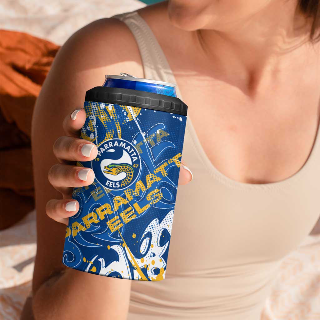 Personalized Parramatta Eels Rugby 4 in 1 Can Cooler Tumbler Urban Street Graffiti Style - Distressed Splatter Elements