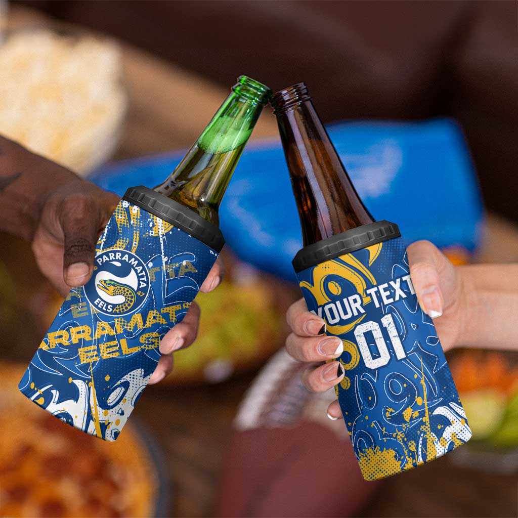 Personalized Parramatta Eels Rugby 4 in 1 Can Cooler Tumbler Urban Street Graffiti Style - Distressed Splatter Elements
