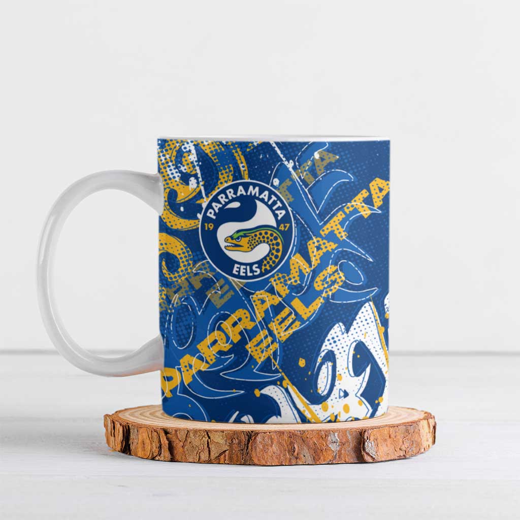 Personalized Parramatta Eels Rugby Ceramic Mug Urban Street Graffiti Style - Distressed Splatter Elements