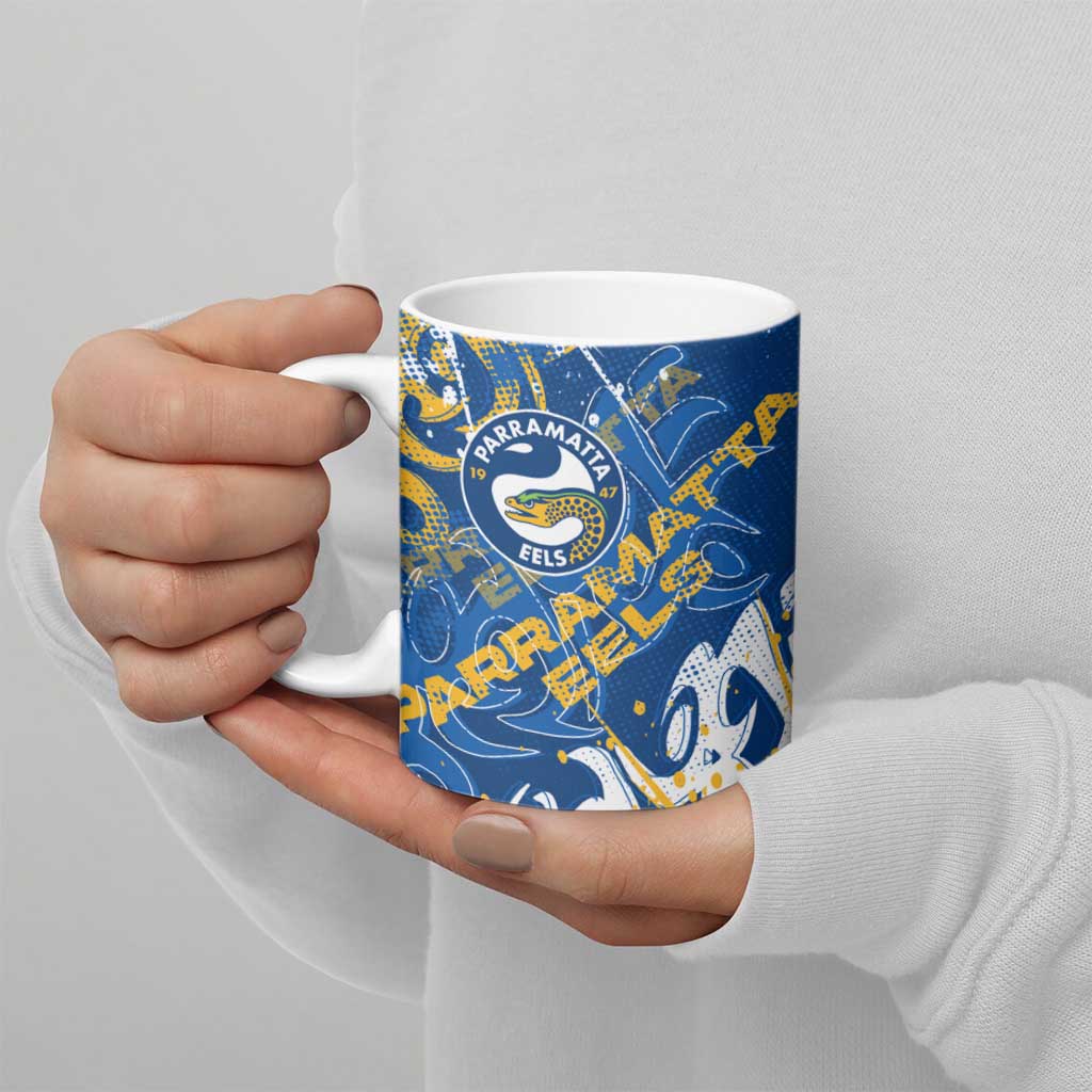 Personalized Parramatta Eels Rugby Ceramic Mug Urban Street Graffiti Style - Distressed Splatter Elements
