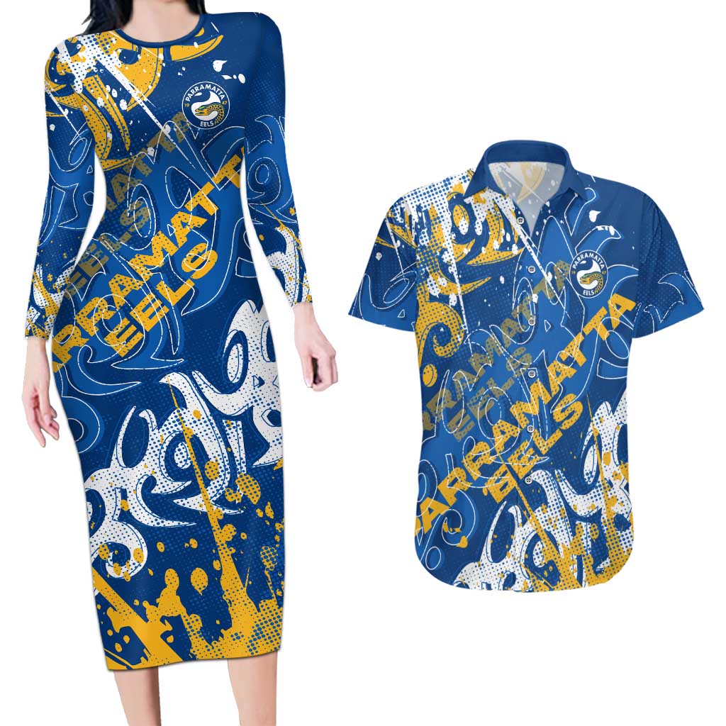 Personalized Parramatta Eels Rugby Couples Matching Long Sleeve Bodycon Dress and Hawaiian Shirt Urban Street Graffiti Style - Distressed Splatter Elements