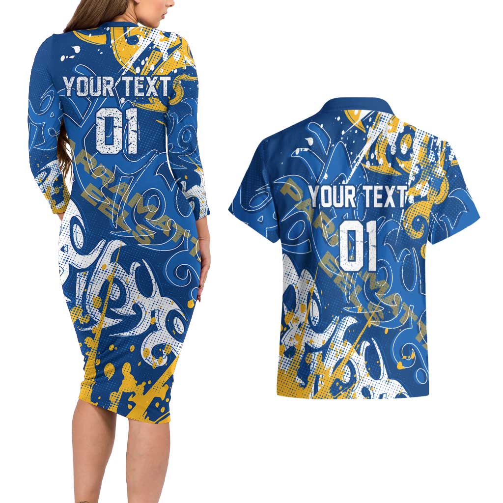 Personalized Parramatta Eels Rugby Couples Matching Long Sleeve Bodycon Dress and Hawaiian Shirt Urban Street Graffiti Style - Distressed Splatter Elements