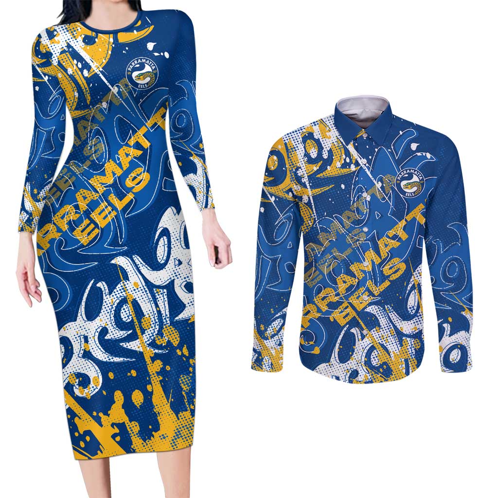 Personalized Parramatta Eels Rugby Couples Matching Long Sleeve Bodycon Dress and Long Sleeve Button Shirt Urban Street Graffiti Style - Distressed Splatter Elements