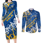 Personalized Parramatta Eels Rugby Couples Matching Long Sleeve Bodycon Dress and Long Sleeve Button Shirt Urban Street Graffiti Style - Distressed Splatter Elements