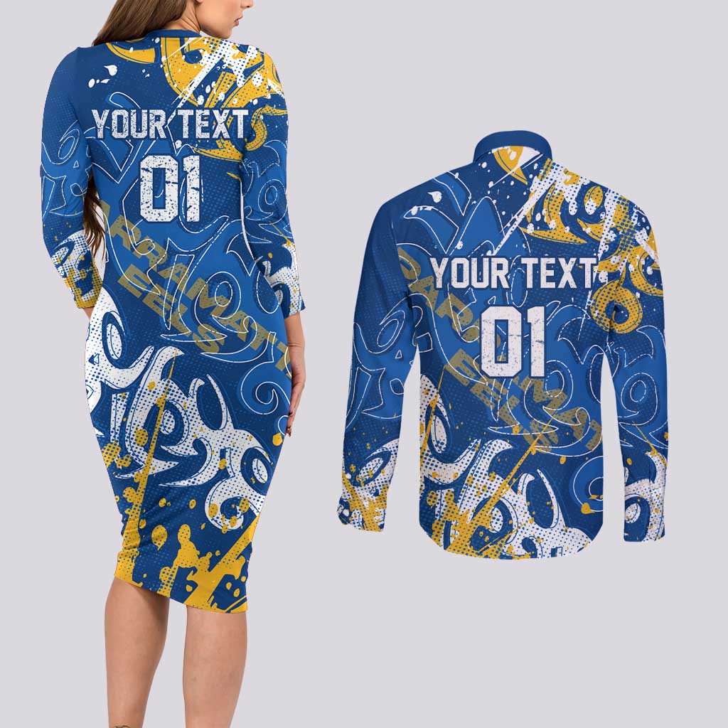 Personalized Parramatta Eels Rugby Couples Matching Long Sleeve Bodycon Dress and Long Sleeve Button Shirt Urban Street Graffiti Style - Distressed Splatter Elements