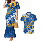 Personalized Parramatta Eels Rugby Couples Matching Mermaid Dress and Hawaiian Shirt Urban Street Graffiti Style - Distressed Splatter Elements
