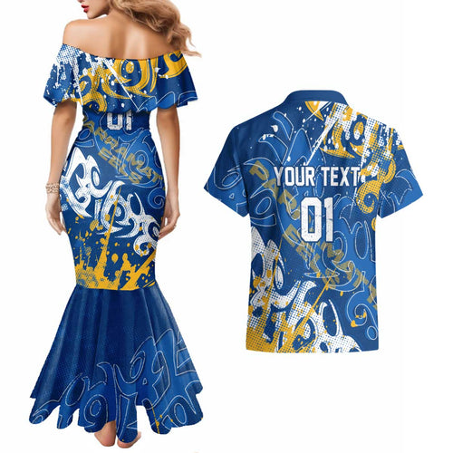 Personalized Parramatta Eels Rugby Couples Matching Mermaid Dress and Hawaiian Shirt Urban Street Graffiti Style - Distressed Splatter Elements