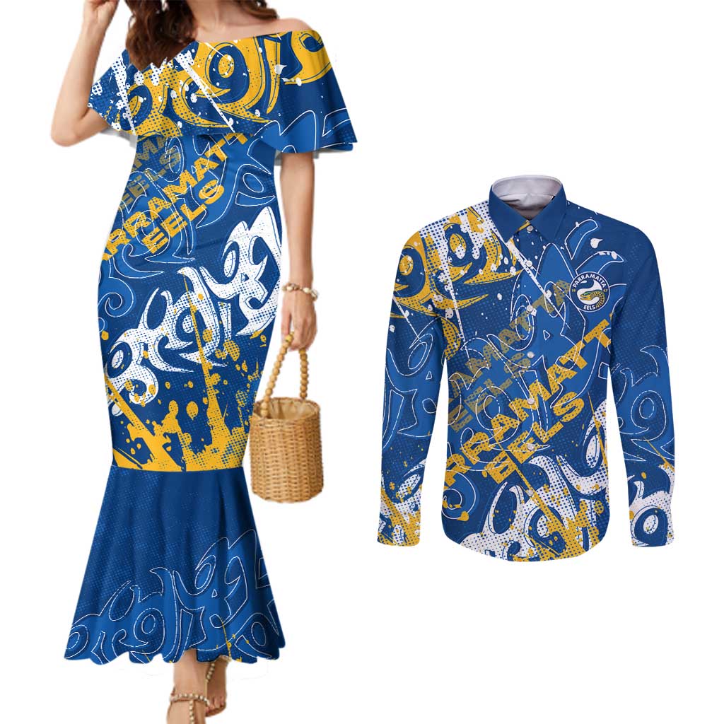 Personalized Parramatta Eels Rugby Couples Matching Mermaid Dress and Long Sleeve Button Shirt Urban Street Graffiti Style - Distressed Splatter Elements