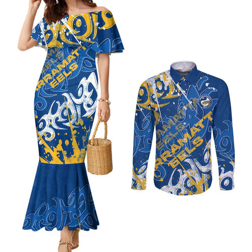 Personalized Parramatta Eels Rugby Couples Matching Mermaid Dress and Long Sleeve Button Shirt Urban Street Graffiti Style - Distressed Splatter Elements