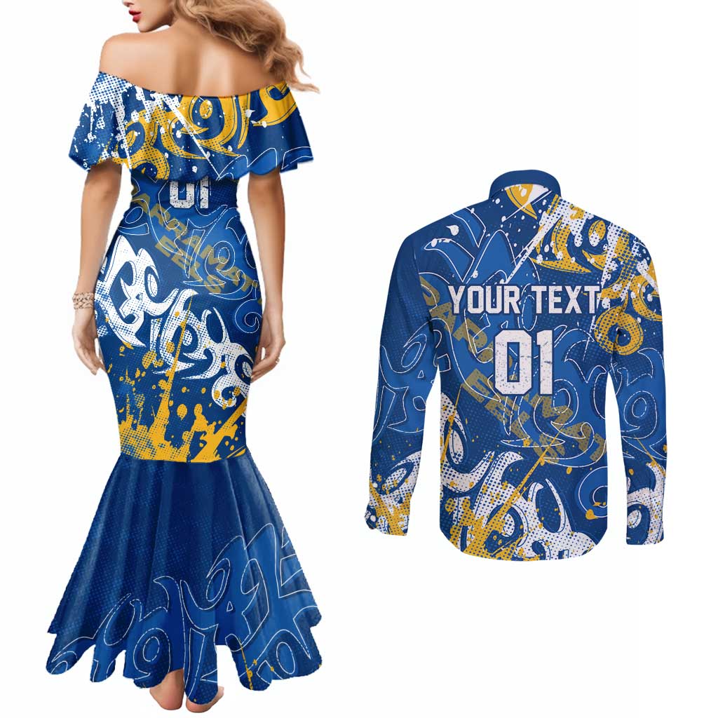 Personalized Parramatta Eels Rugby Couples Matching Mermaid Dress and Long Sleeve Button Shirt Urban Street Graffiti Style - Distressed Splatter Elements
