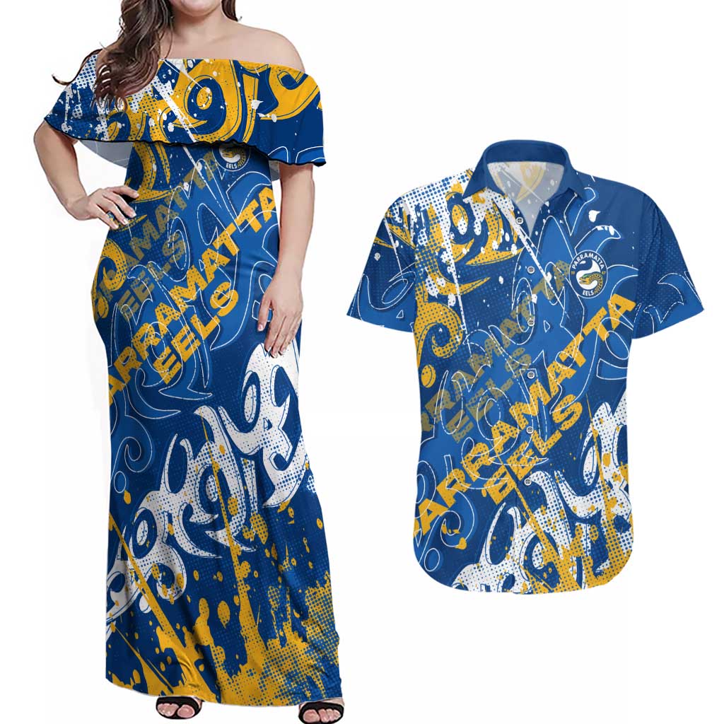 Personalized Parramatta Eels Rugby Couples Matching Off Shoulder Maxi Dress and Hawaiian Shirt Urban Street Graffiti Style - Distressed Splatter Elements