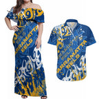 Personalized Parramatta Eels Rugby Couples Matching Off Shoulder Maxi Dress and Hawaiian Shirt Urban Street Graffiti Style - Distressed Splatter Elements