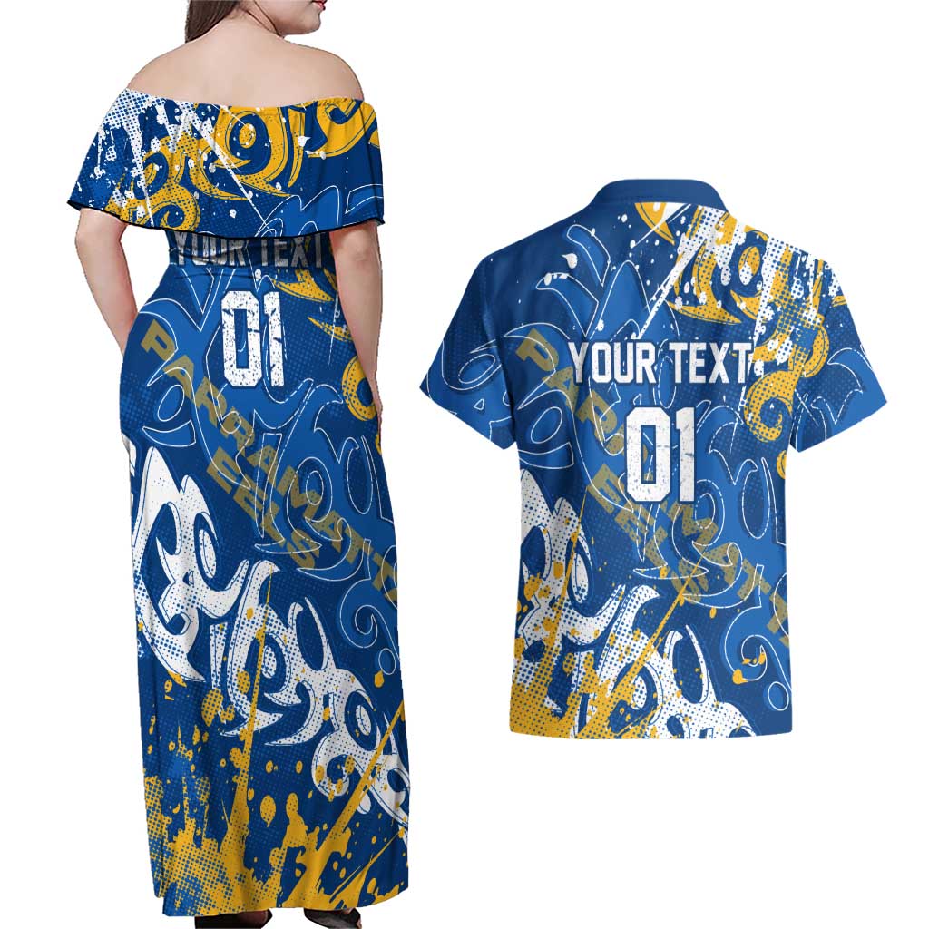 Personalized Parramatta Eels Rugby Couples Matching Off Shoulder Maxi Dress and Hawaiian Shirt Urban Street Graffiti Style - Distressed Splatter Elements