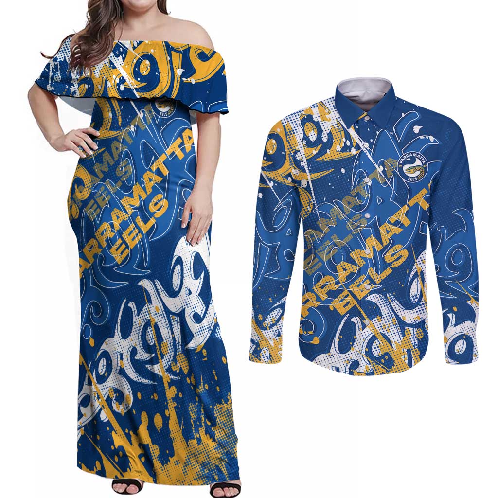 Personalized Parramatta Eels Rugby Couples Matching Off Shoulder Maxi Dress and Long Sleeve Button Shirt Urban Street Graffiti Style - Distressed Splatter Elements