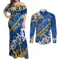Personalized Parramatta Eels Rugby Couples Matching Off Shoulder Maxi Dress and Long Sleeve Button Shirt Urban Street Graffiti Style - Distressed Splatter Elements