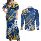 Personalized Parramatta Eels Rugby Couples Matching Off Shoulder Maxi Dress and Long Sleeve Button Shirt Urban Street Graffiti Style - Distressed Splatter Elements