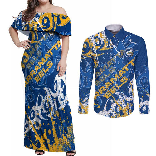 Personalized Parramatta Eels Rugby Couples Matching Off Shoulder Maxi Dress and Long Sleeve Button Shirt Urban Street Graffiti Style - Distressed Splatter Elements
