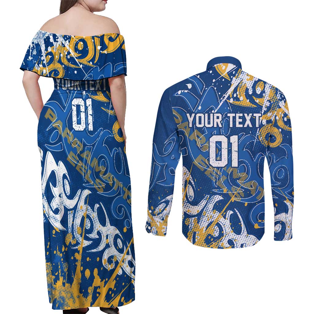 Personalized Parramatta Eels Rugby Couples Matching Off Shoulder Maxi Dress and Long Sleeve Button Shirt Urban Street Graffiti Style - Distressed Splatter Elements