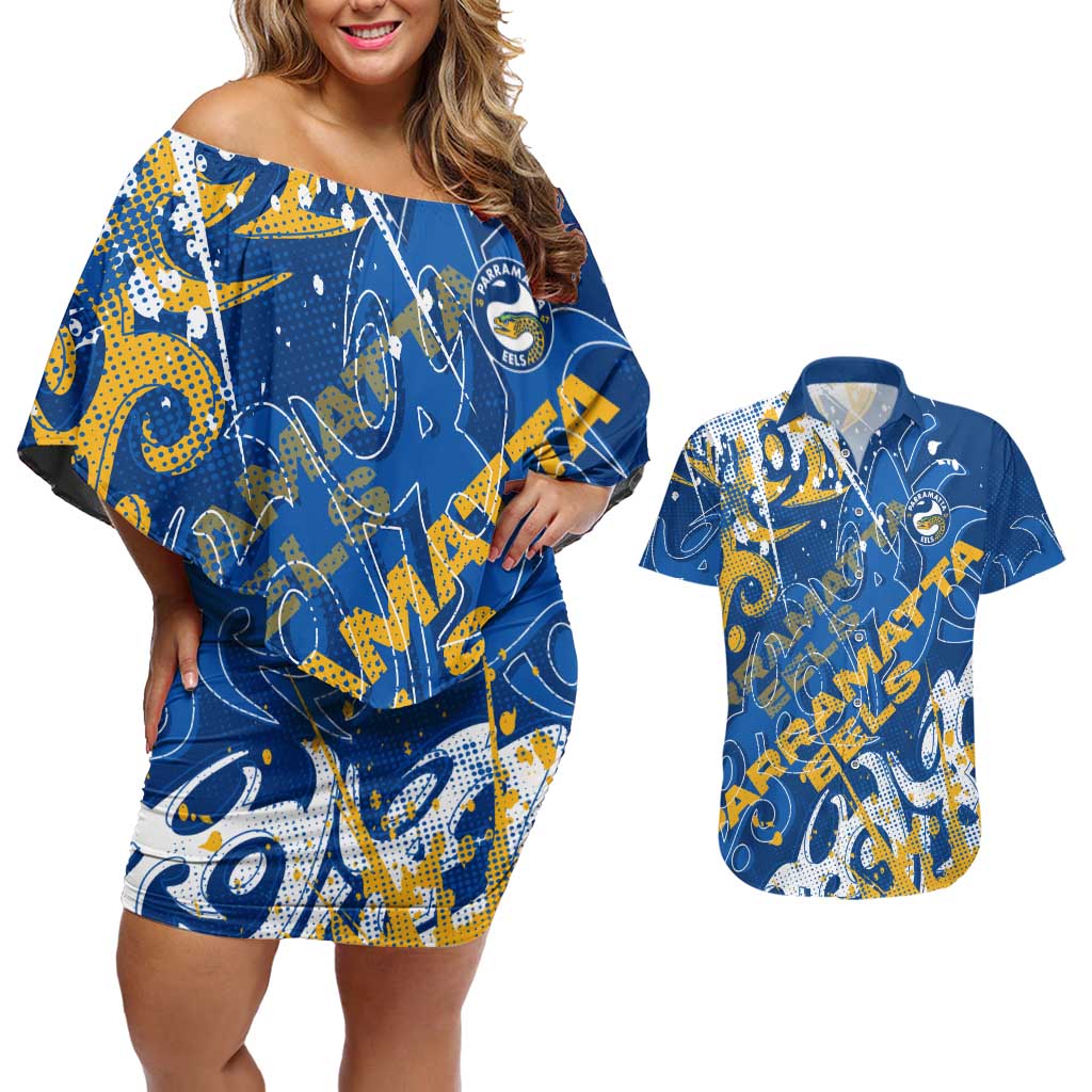 Personalized Parramatta Eels Rugby Couples Matching Off Shoulder Short Dress and Hawaiian Shirt Urban Street Graffiti Style - Distressed Splatter Elements