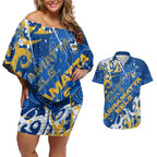 Personalized Parramatta Eels Rugby Couples Matching Off Shoulder Short Dress and Hawaiian Shirt Urban Street Graffiti Style - Distressed Splatter Elements