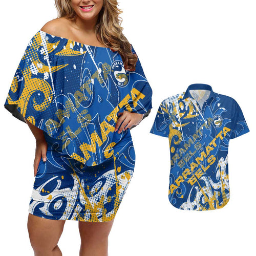 Personalized Parramatta Eels Rugby Couples Matching Off Shoulder Short Dress and Hawaiian Shirt Urban Street Graffiti Style - Distressed Splatter Elements